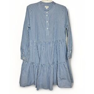 J. Crew Blue/White Striped Stretch Cotton Poplin Tiered Dress Pockets Small